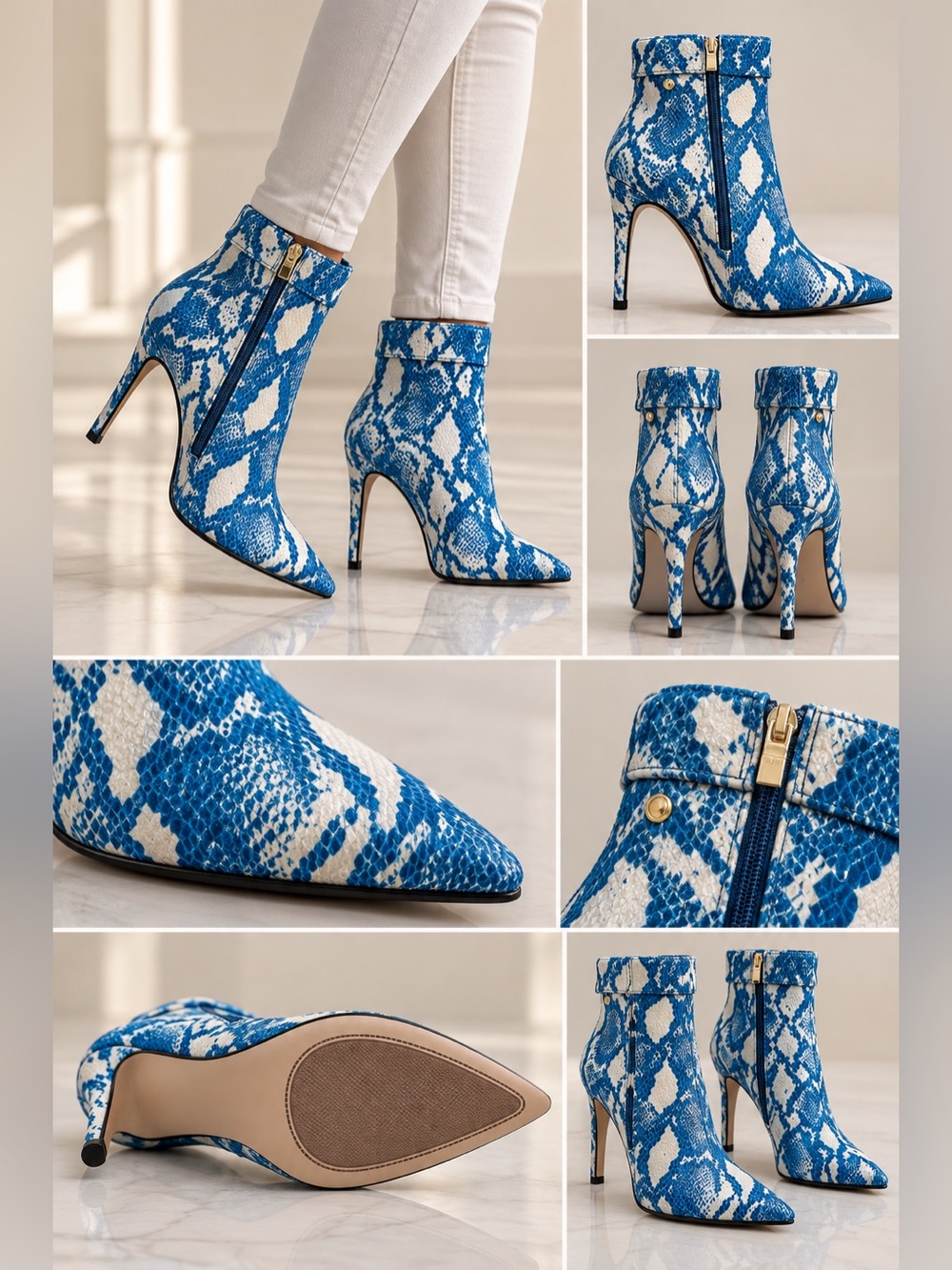 Blue & White Snakeskin Pointed Toe Stiletto Ankle Boots